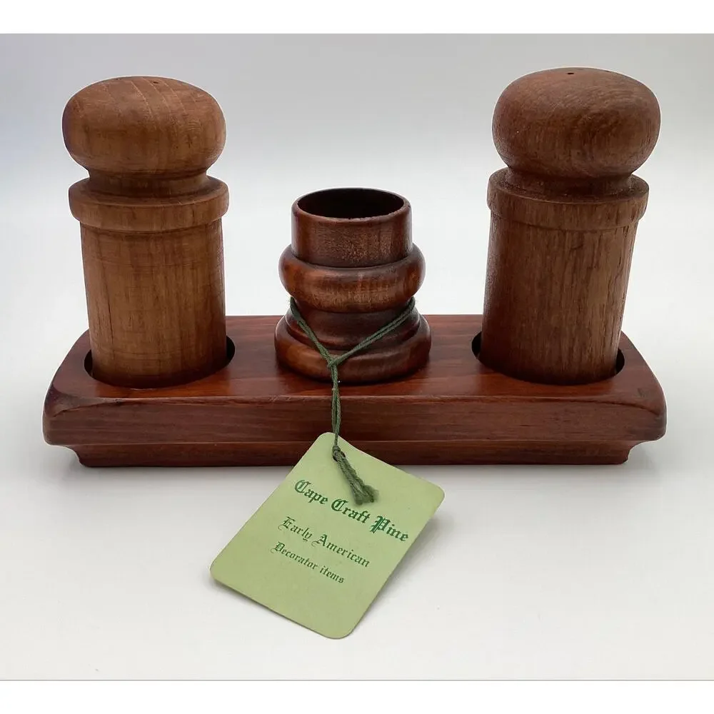 Vntg Cape Craft Pine caddy & toothpick holder danish MCM Salt & Pepper Shakers